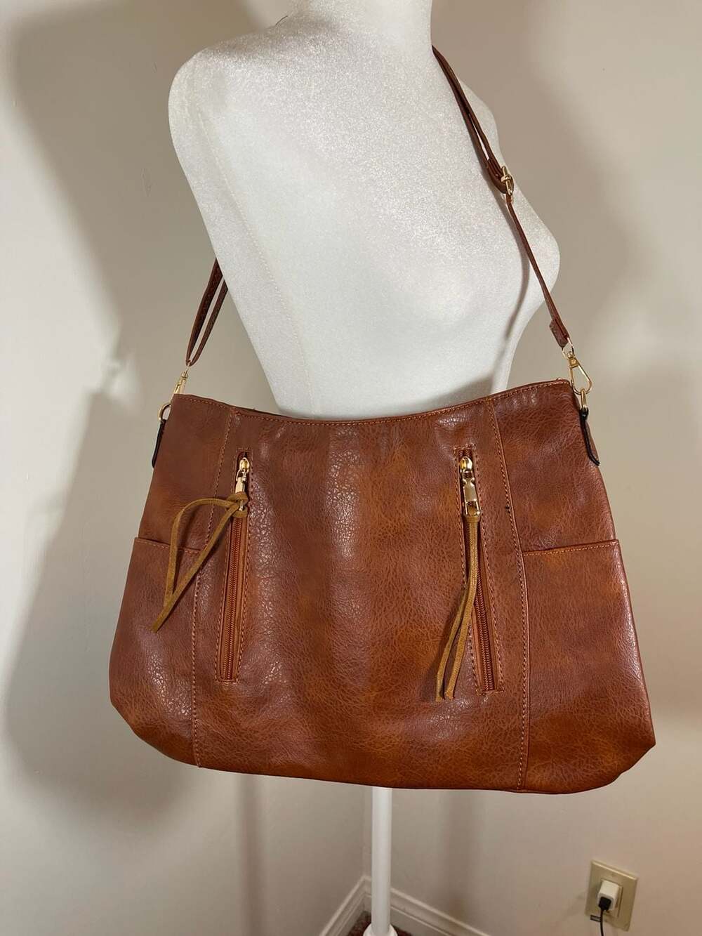 Brown Faux Leather Crossbody Hobo Purse with Tassel Zipper Accents